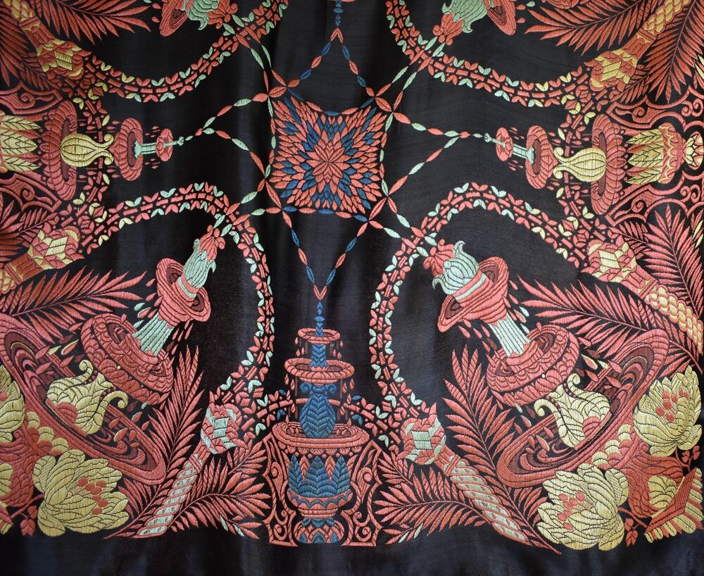 Vintage 40s Black Silk Taj Mahal Piano Shawl Scarf, Fringed Jacquard Brocade